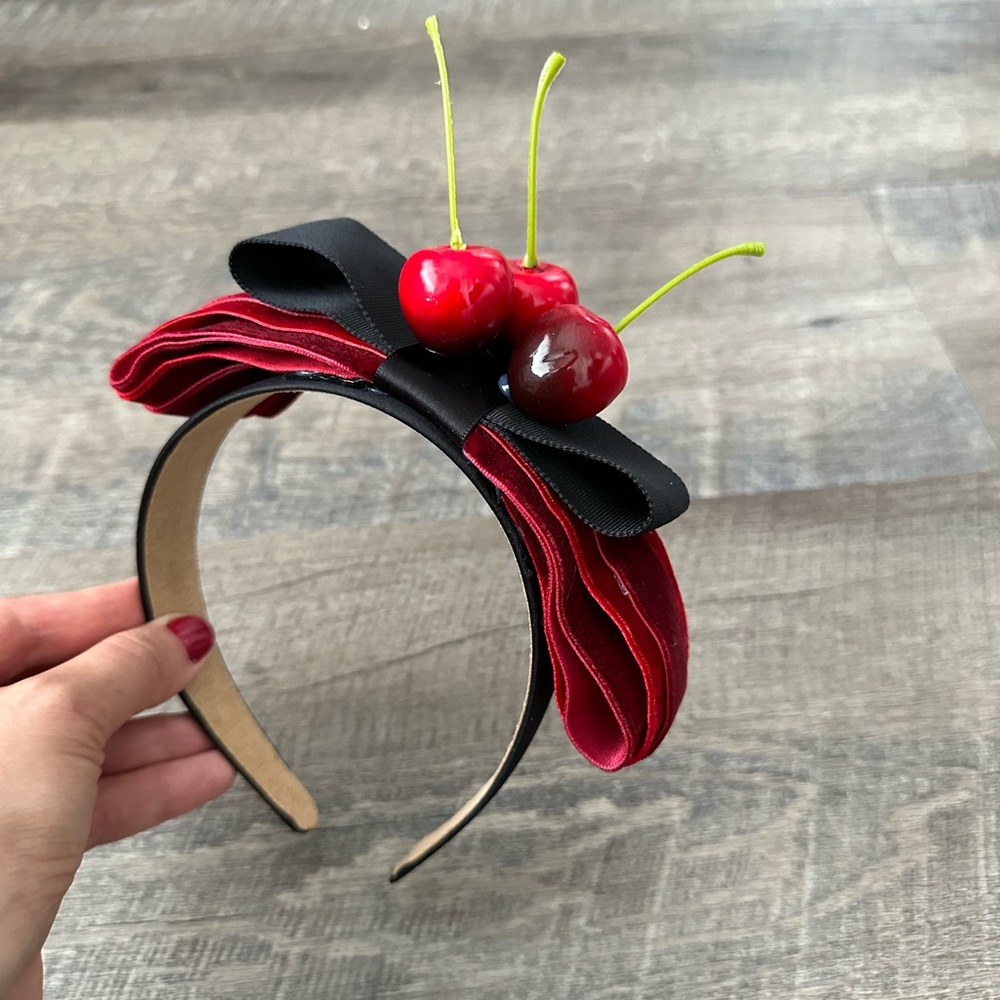 Handmade Designer Fascinator Headband Cherries Red Black Velvet Bow - Picture 6 of 15